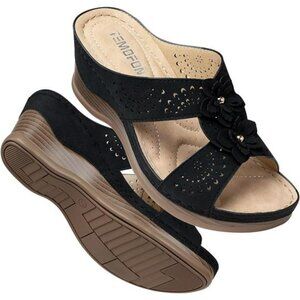 TEMOFON Womens Wedge Sandals Leather Slip On Dressy Summer Walking Shoes